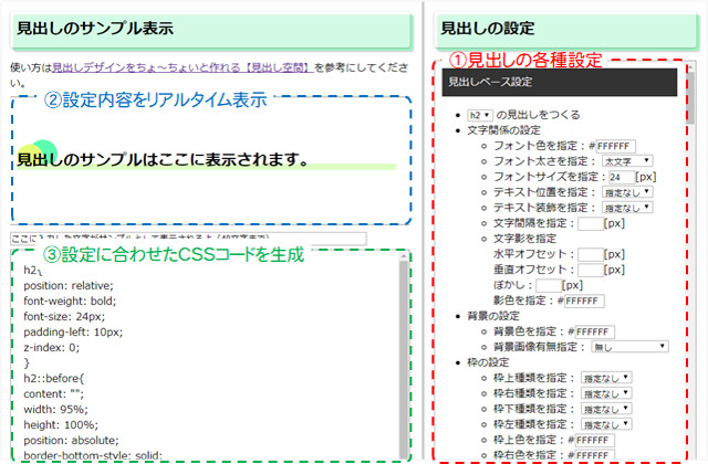 見出し空間の使い方　①好きなように設定する　②設定内容がリアルタイムに表示される　③設定内容に合わせたCSSコードを表示